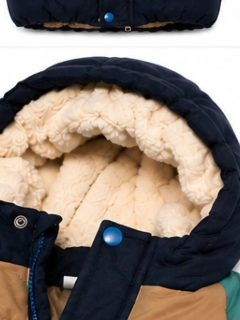 H&M Baby Color Block Hooded Puffer Winter Jacket Navy Teal Tan – Size 12–18 Mont